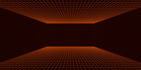 Glowing neon wireframe room floors ceiling, wall background. Red grid room in perspective. Bright retro futuristic wallpaper. Abstract checkered plane landscape. Game horizon surface. Vector backdrop © Qiana