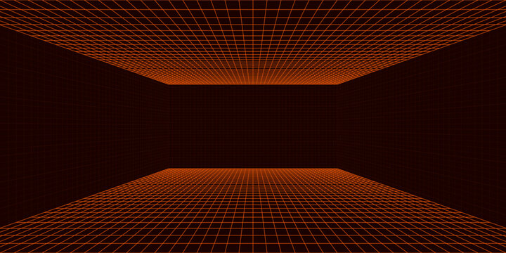 Glowing neon wireframe room floors ceiling, wall background. Red grid room in perspective. Bright retro futuristic wallpaper. Abstract checkered plane landscape. Game horizon surface. Vector backdrop