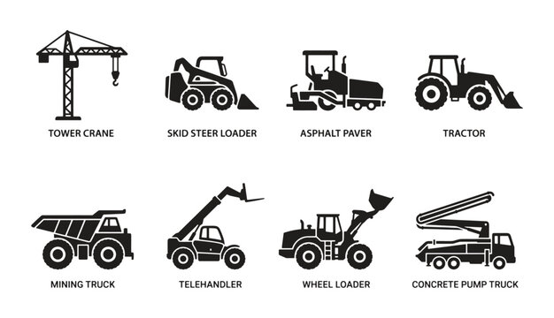 Construction machinery icons for heavy equipment and building industry