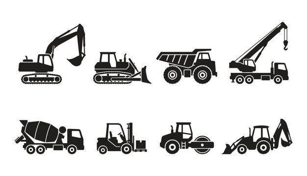 Heavy construction equipment icons for building sites and industrial development