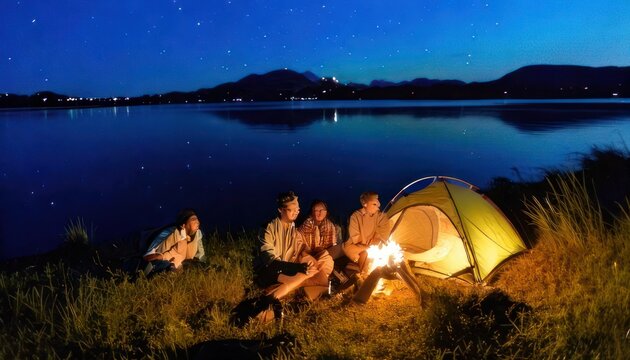 Campfire camaraderie under a starlit sky by the lake.