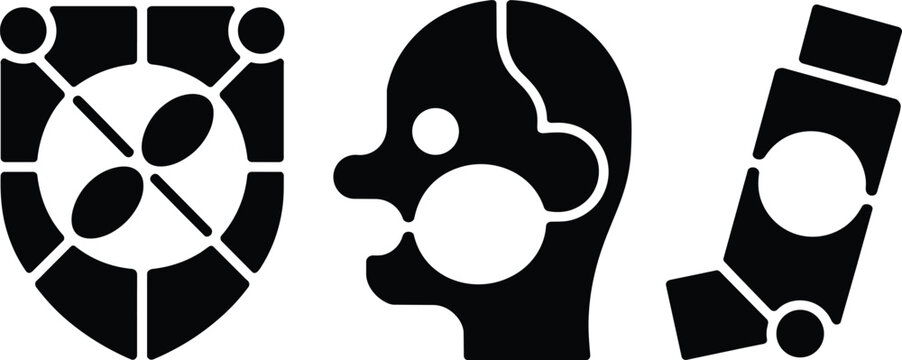 Healthcare and respiratory medical icons set featuring 3 symbols of protection shield, allergy profile, and inhaler in solid style