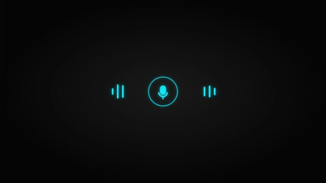 A glowing blue pause button icon is displayed on a black screen with sound waves.