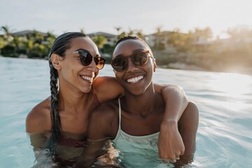 Fototapeta premium Two women smiling and embracing in outdoor resort pool