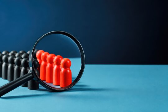 Magnifying glass over red team figures highlighting employee selection leadership and business strategy concept