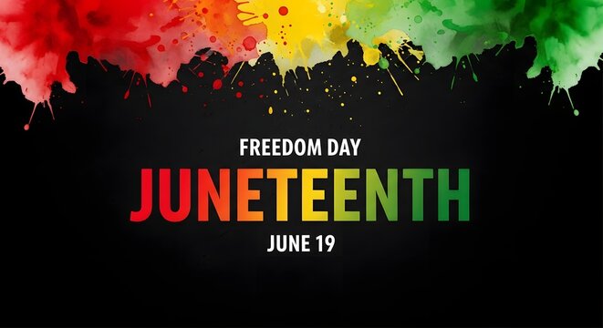 Juneteenth freedom day june 19 banner with colorful watercolor paint splashes on black background
