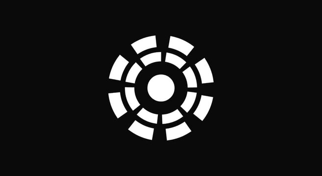A detailed white graphic design on a black background showcases a circular pattern.