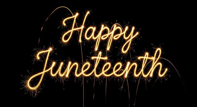 Happy juneteenth text written with glowing golden sparkler light trails on black background