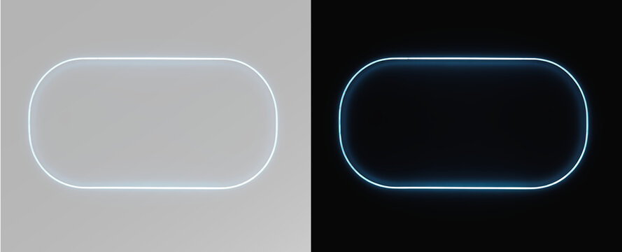 Realistic blue neon stadium rectangle frame set, atmospheric glowing geometric capsule border line and cinematic futuristic cyber loop on contrast backgrounds