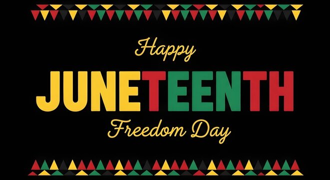 Happy juneteenth freedom day greeting card with colorful bunting flags on black background