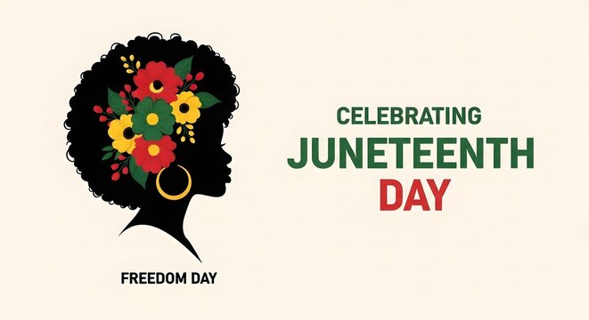 Celebrating juneteenth day freedom day illustration with silhouette of a woman with afro hair and flowers
