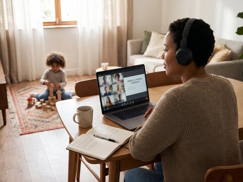 Woman in headphones attending video conference on laptop with child playing in background, home remote learning scenario
