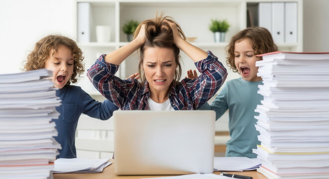Caucasian woman pulling hair, frustrated and overwhelmed while working on laptop with two shouting children at home, work life balance and parenting stress