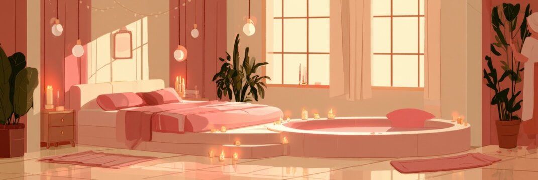 A cozy bedroom features a birthing pool surrounded by candles. A midwife is present, creating a supportive environment for home birth.