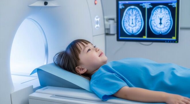 Asian toddler girl relaxed and smiling in MRI scanner, child healthcare and pediatric diagnostic procedure