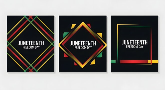 Set of three juneteenth freedom day social media templates with geometric frames and panafrican colors