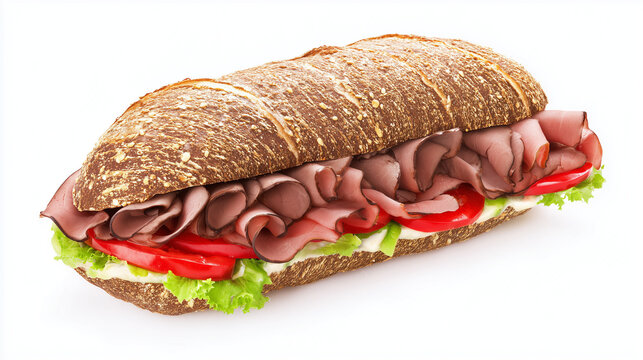 Fresh roast beef sandwich with lettuce, tomato, and artisan bread isolated on a white background. Ideal for restaurant menus, fast food advertising, lunch concepts, and food delivery promotions.