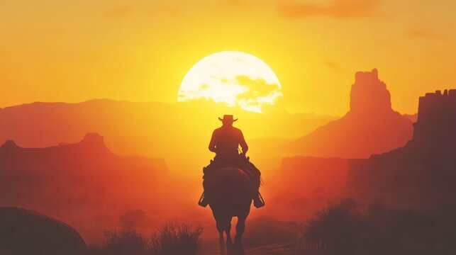 A cowboy riding a horse in silhouette against a desert landscape sunset background, with copy space