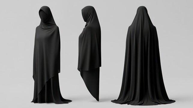 A blank mockup of a black female khimar, showing the front and back