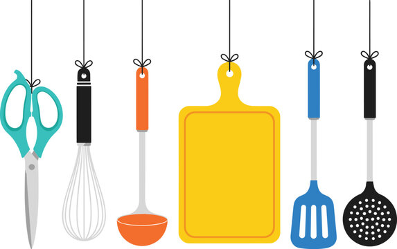 Hanging kitchen utensils flat vector set with cutting board ladle whisk and spatula isolated on white background