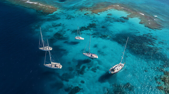 Top down aerial view of sailboats anchored over a vibrant coral reef in turquoise and deep blue ocean for nautical travel backgrounds