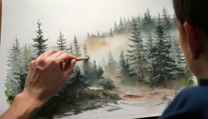 Fototapeta premium Artists Hand Painting a Misty Forest Landscape with Watercolor.
