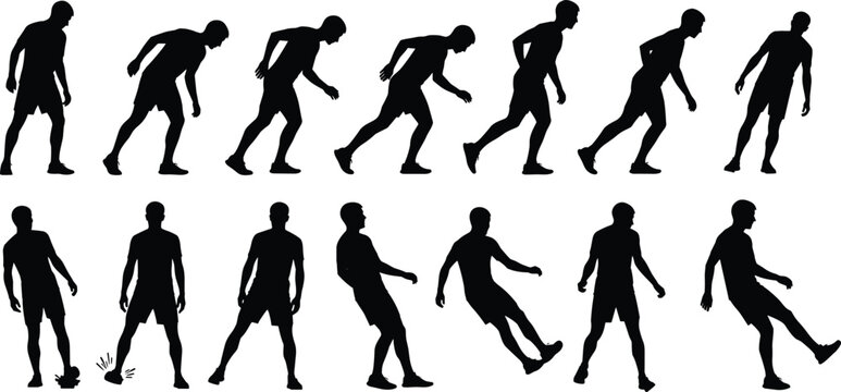 Silhouette set of male athlete slipping and falling during sports activity, man tripping and stumbling while running vector graphic.