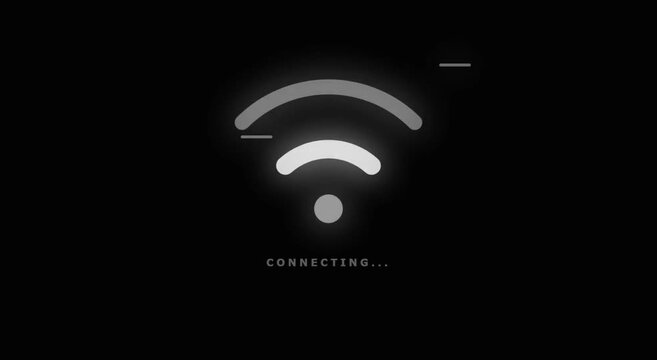 A glowing Wi-Fi symbol displays on a dark screen with a connecting message.