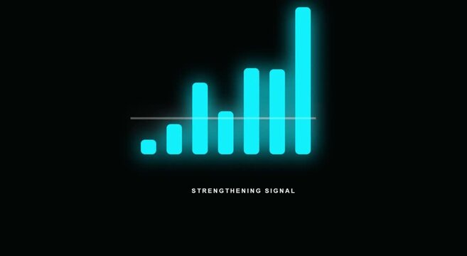 A glowing blue bar graph displays a strengthening signal on a black background