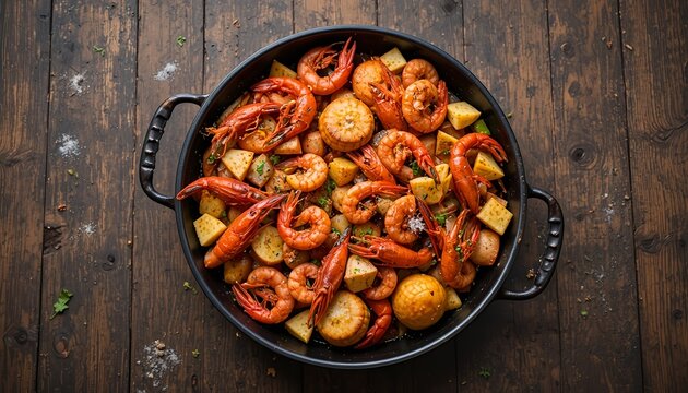 A rustic seafood boil platter filled with shrimp, crawfish, corn, potatoes, and spices served in a black bowl on a weathered wooden table, vibrant colors, top view food photography