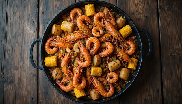 A rustic seafood boil platter filled with shrimp, crawfish, corn, potatoes, and spices served in a black bowl on a weathered wooden table, vibrant colors, top view food photography