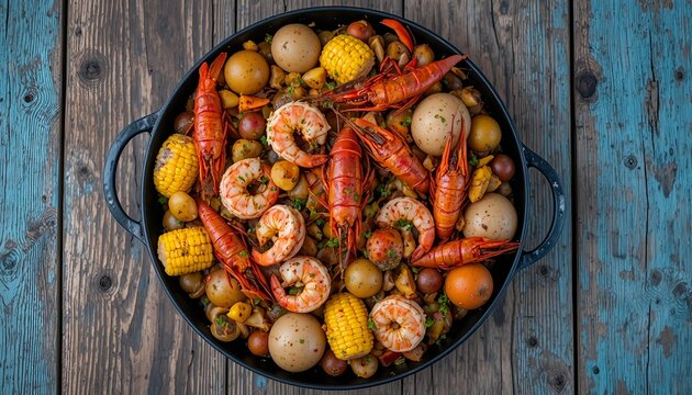 A rustic seafood boil platter filled with shrimp, crawfish, corn, potatoes, and spices served in a black bowl on a weathered wooden table, vibrant colors, top view food photography