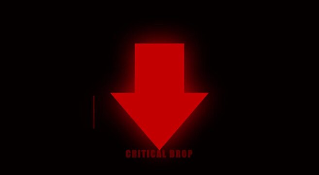 A glowing red arrow points downwards on a dark background with critical text