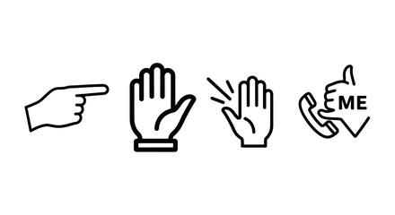 Fototapeta premium Collection of hand gesture icons: pointing, stop, waving hello, and call me