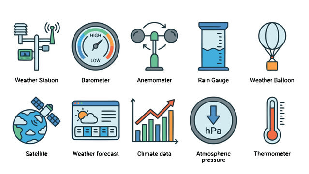 Comprehensive Vector Illustration Set of 10 Meteorology Icons Including Weather Station, Barometer, Anemometer, Rain Gauge, Weather Balloon, Satellite, Forecast, Climate Data, and Thermometer.