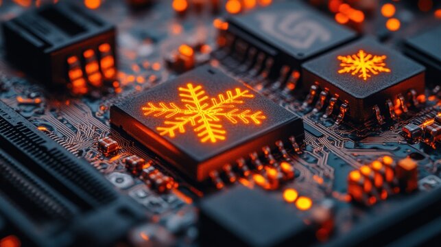 Close-up of circuit board with glowing snowflake