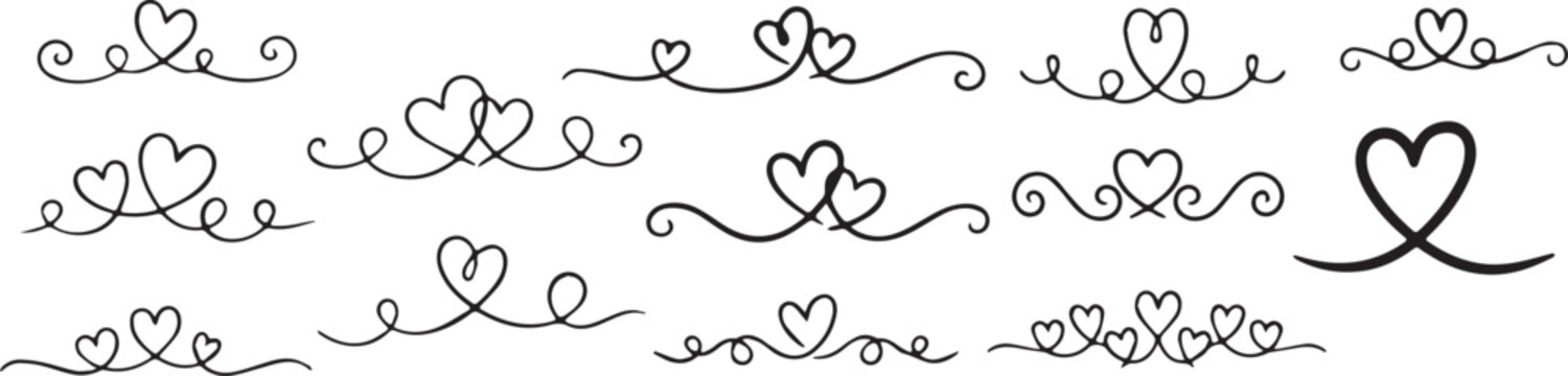 Elegant collection of heart-shaped decorative dividers and flourishes for romantic design projects on white