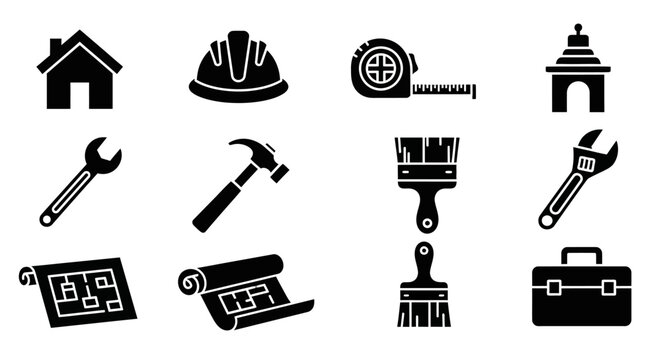 Construction and Renovation Icons: House, Tools, Blueprints, Helmet, Toolbox