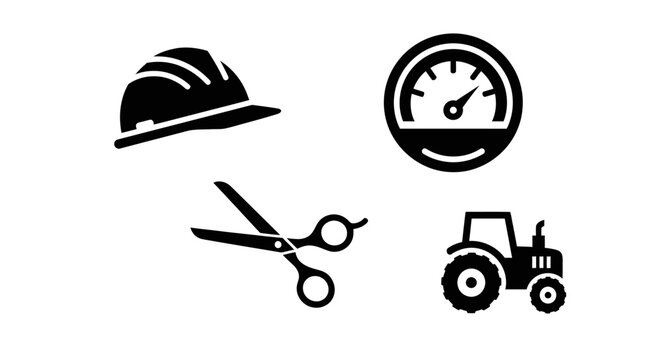 Construction Safety Helmet, Speedometer, Scissors, and Tractor Icons