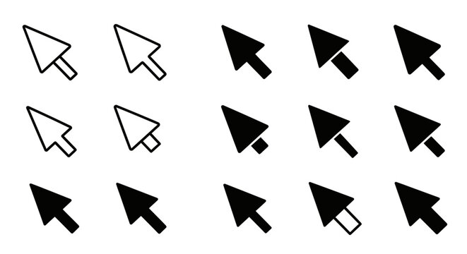 Cursor Icons Set: Pointer Arrows, Outline and Solid Styles, White and Black