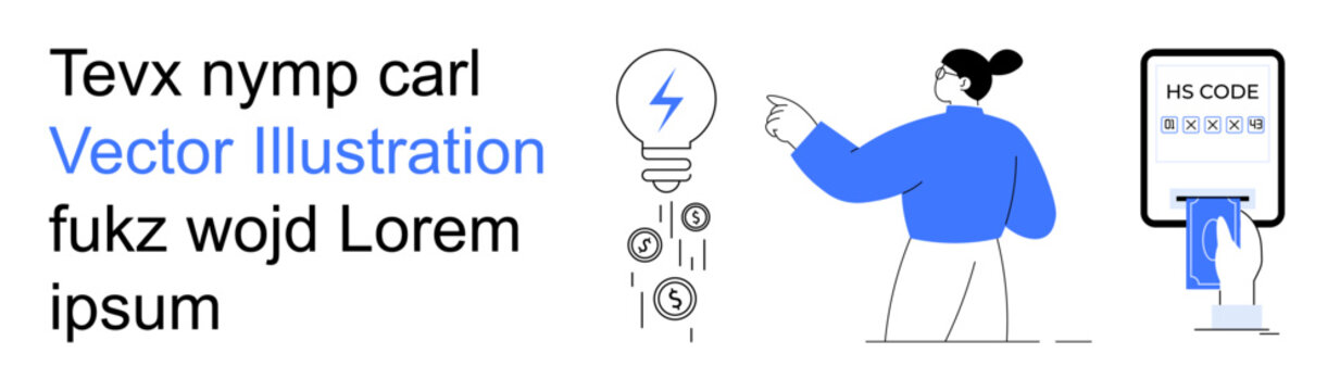 Innovation, business solutions, digital transactions, e-commerce, creative thinking, financial technology. Woman pointing at light bulb and HS code screen. Innovation and business solutions concept