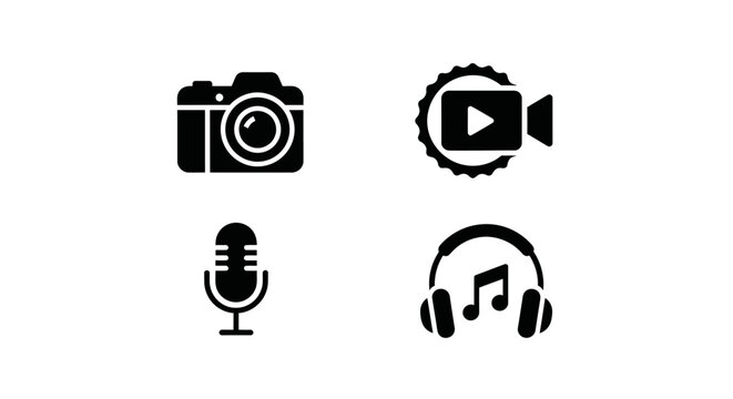 Digital Media Icons: Camera, Video, Microphone, Headphones - Vector Art