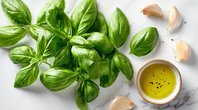 A top-down composition of basil leaves arranged neatly on a white marble surface with a small bowl of olive oil and garlic cloves nearby