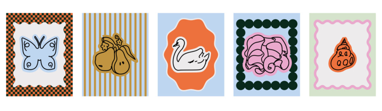 Collection of Mediterranean posters and social media templates in trendy doodle style. Abstract frames with butterfly, shell, swan, and fruit elements. Cute coastal summer aesthetic.