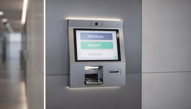 Medium shot of an automated payout kiosk mounted on a wall bank with the main machine sharply focused and the surrounding environment softly blurred