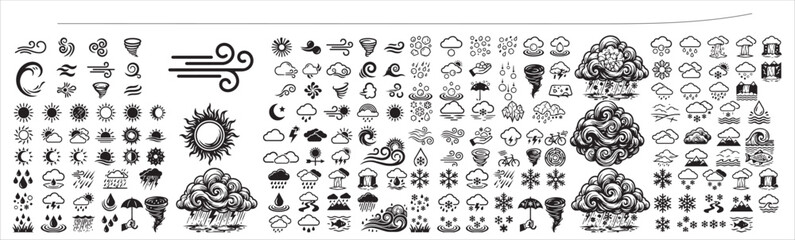 Obraz premium A large set of weather icons. Vector images. White background. Web. 