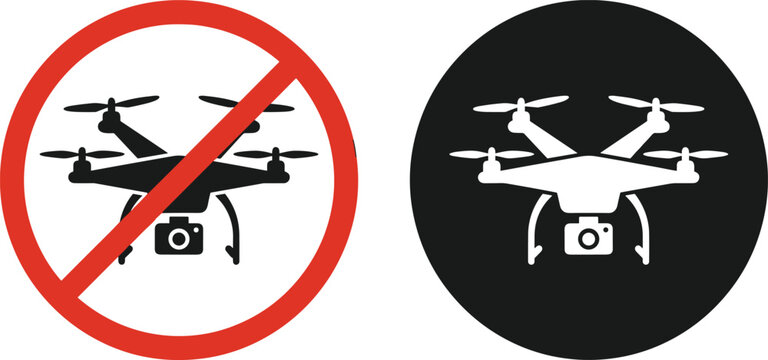 Drone with camera prohibition sign and silhouette icon set, no fly zone symbol isolated on white background, vector illustration