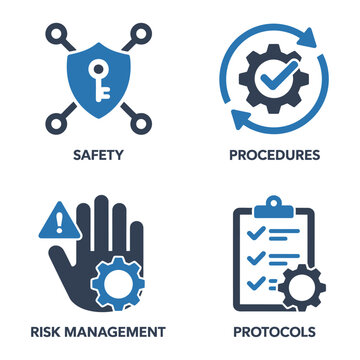 Vector displaying icons for safety, procedures, risk management, and protocols in a professional setting.