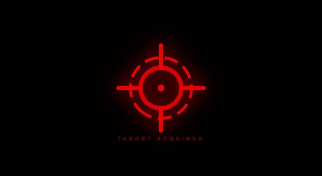 A glowing red target symbol shines brightly on a dark background with the words target acquired below.