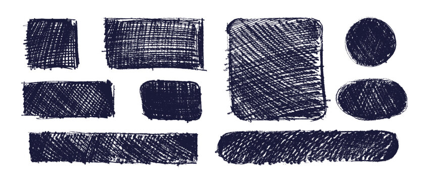 Hand drawn pencil shapes with rough texture and border. Creative box frame, scribble circles and ink rectangles for artistic design project and vintage label. Crayon style vector collection